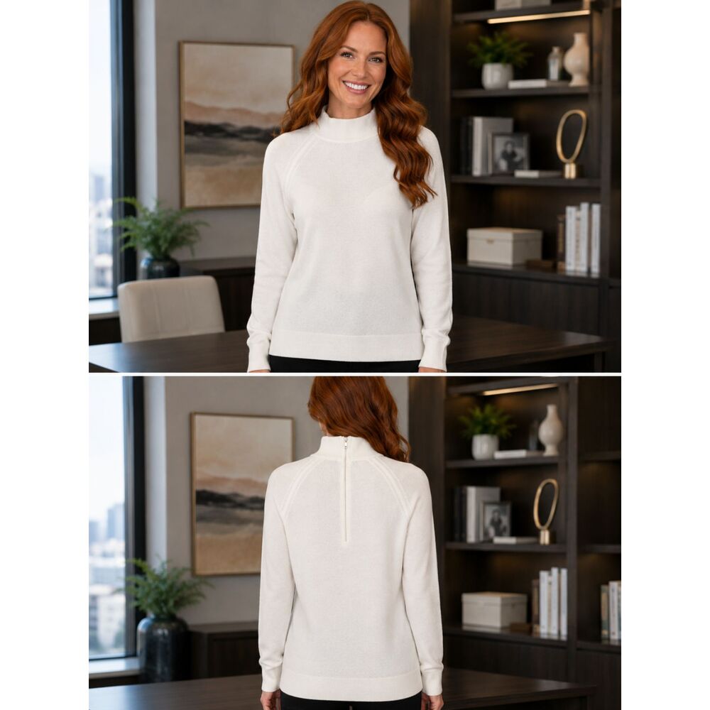 Vintage Mock Turtleneck Back Zip Sweater Cream Petite Medium Soft Knit